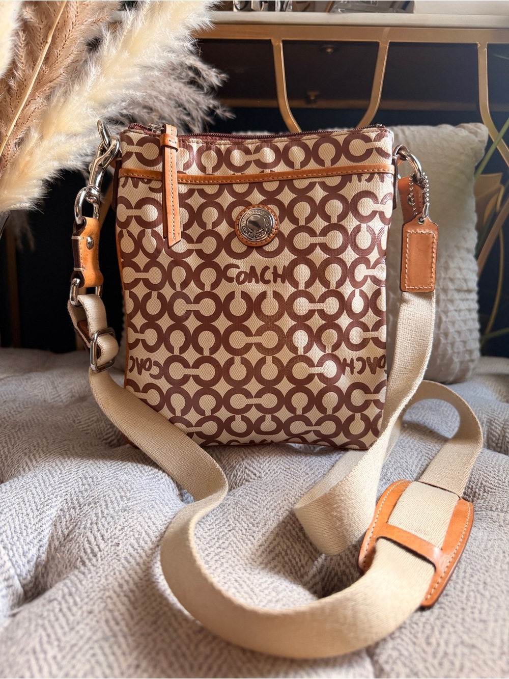 Coach Op Art Brown & Cream Signature Crossbody Shoulder Bag